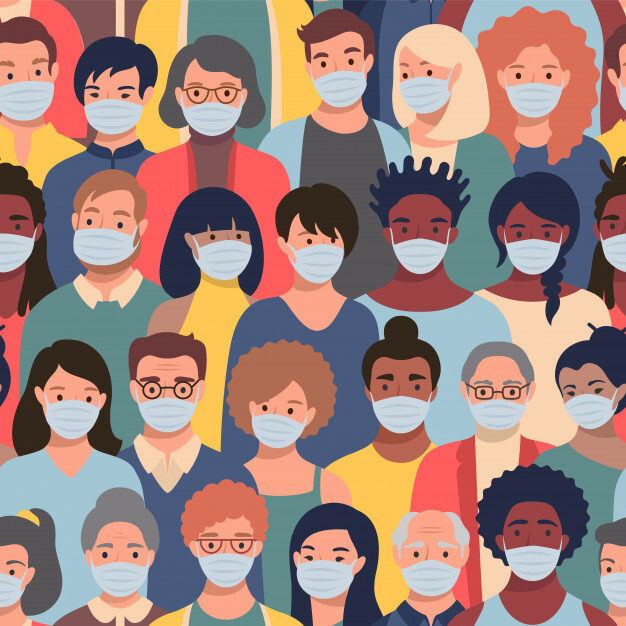 illustration of various groups of people in masks