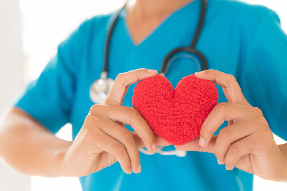 doctor with stethoscope holds heart toy
